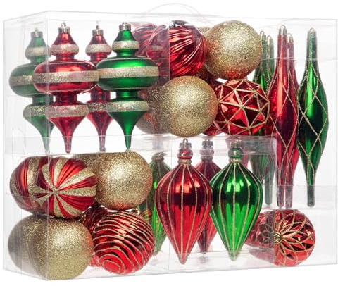 Hollyone set med 32 stycken julgranskulor, okrossbara juldekorationer i plast, olika julgranskulor, hängande ornament för julgran, semester, fester, vardagsrumsdekoration, guld, röd och grön