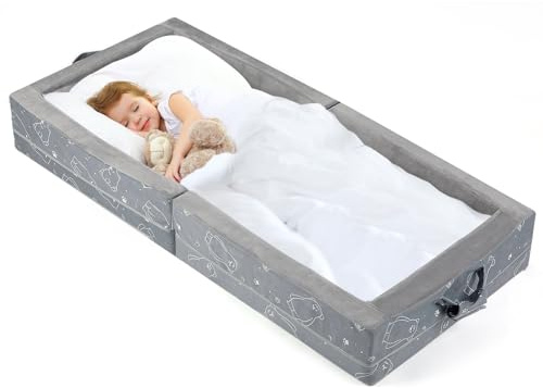 Umoving Portable Toddler Travel Bed – Foldable Soft Foam Floor Crib with Washable Cover, Built-in Safety Rails, No Assembly, Compact for Travel & Home Use, Grey
