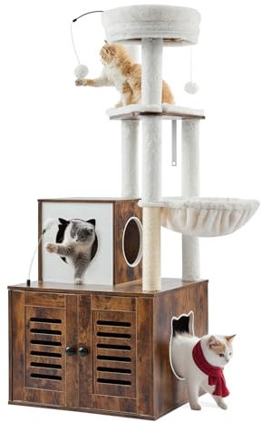 VEVOR Large Cat Tree with Litter Box Enclosure, 55.12 inches Tall, 2-in-1 Cat Tower, Multi-level Condo Furniture with Perches, Sisal Scratching Posts, Hammock, Big Kittens House for Indoor Cats