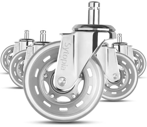 Sytopia Ruedas para silla de oficina con pasador de 10 mm x 22 mm, juego de 5 ruedas grandes para suelos de parqué y alfombras, ruedas supersilenciosas y suaves para suelos duros, solo compatibles con