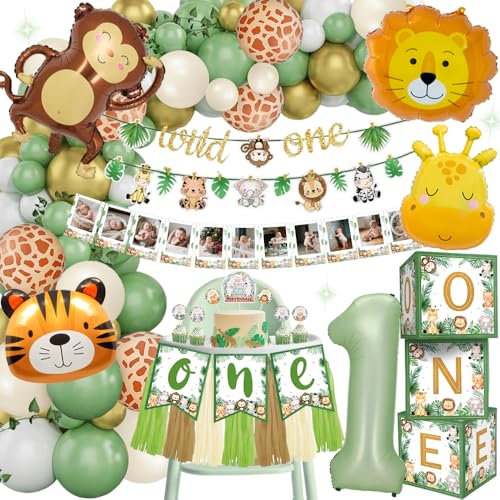 Décoration de 1er anniversaire pour garçon et fille, avec arche de ballons safari, bannière photo, boîte à ballons, bannière de chaise haute, décoration de gâteau d'anniversaire pour garçons et filles