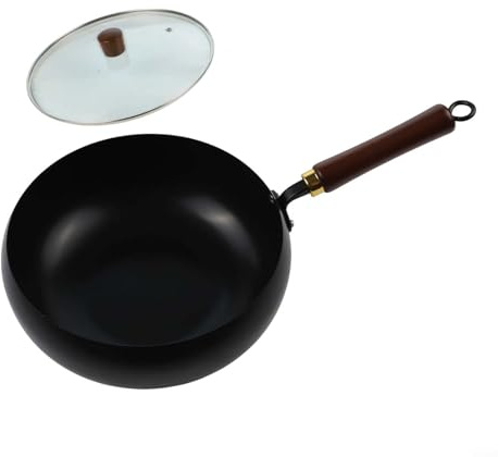 BlissfulAbode Sartén de hierro forjado a mano, diseño de vientre grande para diversos estilos de cocina (olla de 28 cm + tapa de vidrio L)