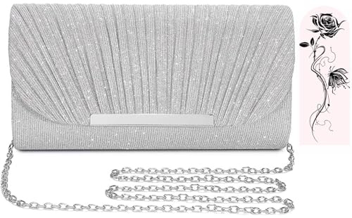 Aryan Silver Clutch Bag for Women, Women's Clutches Glitter Evening Bag with Detachable Chain, Sequins Handbags for Wedding Bridal Prom Party (Silver)