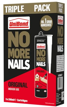 UniBond No More Nails Original High Strength Grab Adhesive, Heavy Duty Mounting Glue for Wood, Brick, Metal, Ceramic & Plaster, Instant Grab Interior Construction, Pack of 3 (3 x 280ml Cartridges)