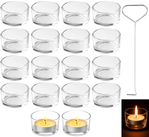 Ferenando 18 Piezas Portavelas de Té con Apagavelas, Ø4.5 cm y H2.5 cm Portavelas de Cristal, Transparente Porta Velas Cristal Pequeñas para Bodas, Fiesta, Navideñas, San Valentín, Decoración de Mesa
