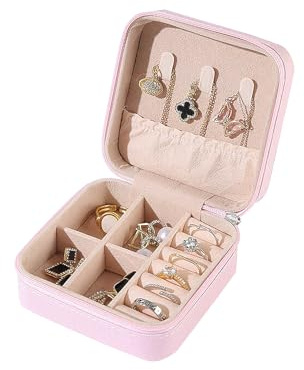 FuninCrea Jewellery Box Organiser for Women, Mini PU Leather Travel Jewelry Storage Case with 3pcs Silver Cloth for Rings Earrings Necklace, Portable Jewelry Case for Girl, Wife, Mother (lightpink)