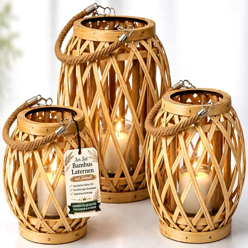 Bambus Windlicht 3er Set im Boho Stil – Laternen mit Glas & Jutegriff – Für gemütliche Atmosphäre auf Balkon, Terrasse & Wohnzimmer