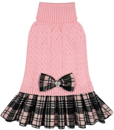 KYEESE Dog Sweater Soft Turtleneck Pet Sweater Dress Warm Pullover Pet Coats Thick Dogs Clothes with Bowtie Comfy Knitwear Dog Sweaters for Small Dogs Girl Stretchy Cat Sweaters, Pink, Medium