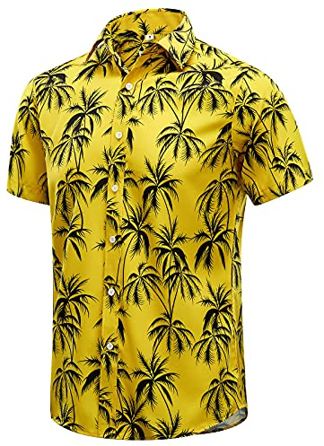 EUOW Camicia hawaiana da uomo, a maniche corte, con bottoni, estiva, da spiaggia, Giallo, S