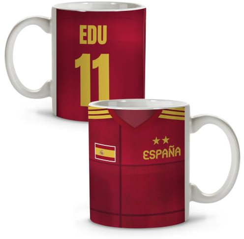Taza Futbol ESPAÑA Personalizada Nombre y Dorsal. Taza Mundial de Fútbol. Tazas Desayuno. Cosas de Futbol para Niños. Entrenador Futbol. Colección Mundial 2026. Apta para lavavajillas 330ml ESPAÑA