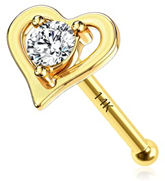 Melighting Nasenpiercing 14Karat Echt Gold Nasenstecker Stud Nasenring 20G(0,8mm) Herz Diamant Nasen Nostrial Piercing Schmuck Nose Piercing Stud Gold Nasenring aus 14 karätigem Echtgold