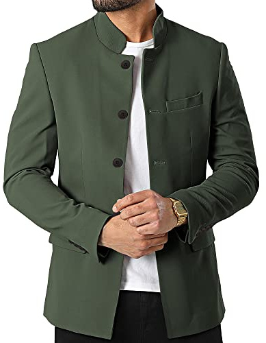 Mens Casual Suit Blazer Jackets Stand Mandarin Collar Lightweight Lined Sport Coats Business Coats (US, Alpha, Medium, Regular, Regular, Dark Green)