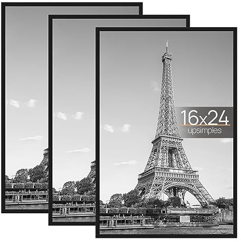 upsimples 16x24 Picture Frame Black 3 Pack, Scratch-Proof Poster Frames 16 x 24 for Photo Gallery - Slide-In Strips, Horizontal or Vertical Wall Mounting