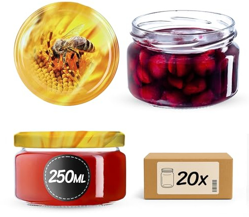 KADAX Lot de 20 pots à confiture en verre 250ml – Pour confitures, miel, conserves & cornichons – Passent lave-vaisselle, sans couvercle