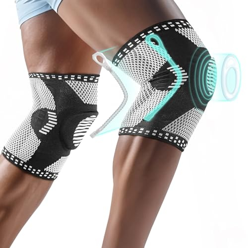 COZLOW Kniebandage zur Unterstützung und Schmerzlinderung (groß, 46–51 cm), schwarze Kniekompressionsmanschette mit Patellapolster und doppelseitigen Federstabilisatoren