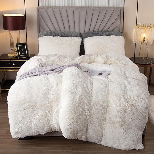 EMME Plüsch Bettwäsche Set 200x200cm Biber Flauschige Bettdecke Set für Bett Shaggy und Plüsch weiche Bettwäsche Bettbezüge und 2 Kissenbezug 80x80cm, Weiß