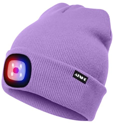 ATNKE LED-upplyst mössa, uppladdningsbar USB 4 LED röd och blå lampor blinkande löparmössa med ljus extrem ljus lampa vinter varm för män och kvinnor presenter, Taro lila, En Storlek