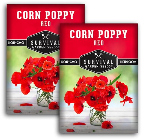 Survival Garden Seeds Red Corn Poppy (Papaver Rhoas) | 2 Packs with Wildflower Seeds & Planting Instructions | Grow Flanders (American Legion) Poppies in Your Home Flower Garden - Non-GMO Heirloom