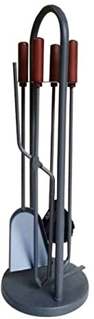 GCCSSBXF Kaminbesteck-Set, 5-teilig, graues Metall, Kamin-Zubehör mit Holzgriff und runder Basis – Zange, Schaufel, Antik-Bürste, Schürhaken – verschönern Sie Ihre Herddekoration