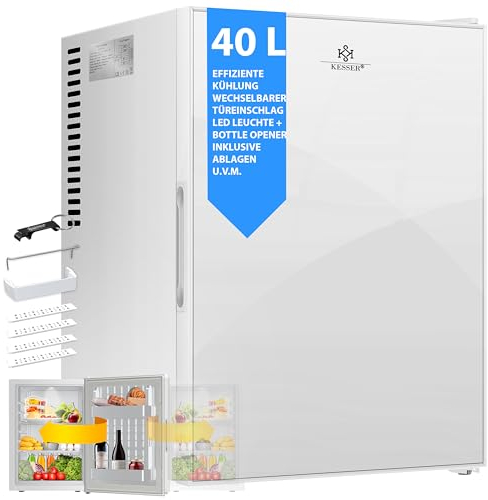 KESSER® Mini Kühlschrank 40L mit Glasfront Minibar ideal für Camping, Büro, Schlafzimmer, Hotel, Küche kleiner Kühlschrank komplett lautlos, wechselbarer Türanschlag, Innenbeleuchtung inkl. Glasöffner