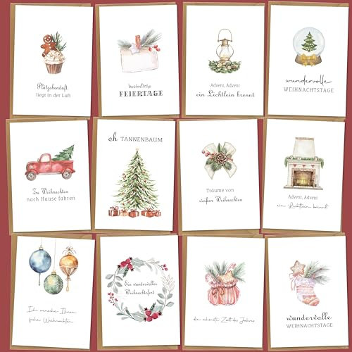 BIROYAL 12 Stück Weihnachtskarten mit Umschlag Set - A6 Klappkarten Weihnachten - Handgezeichnet Weihnachtskarten Set - Christmas Card - Weihnachtsgrußkarten - leere Innenseite Weihnachtspostkarten