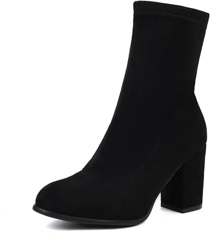 Asterisco Bottines Femme À Talon Bloc Talons Hauts Bottines Bout Rond A Enfiler Bottes Extensibles, Taille 33-41