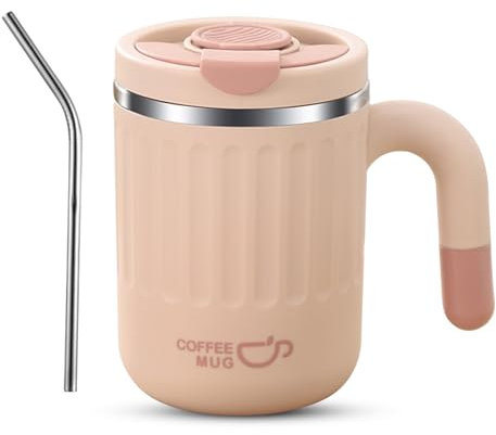 Kytpyi Termo Café para Llevar, 480ml Taza a Prueba de Fugas Con Paja, Vaso Térmico de Acero Inoxidable Anti-escaldado para Hogar, Oficina y Viajes (Rosa)