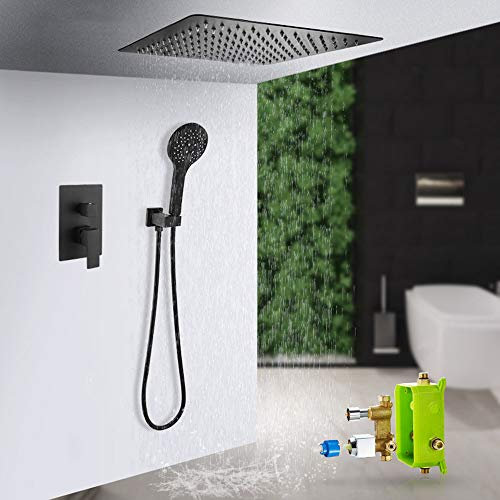 Moderna ducha de columna negra con cabezal de ducha empotrado y ducha de mano, diseño elegante para C B s