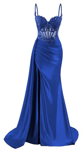 HPPEE Satin Prom Dresses Royal Blue for Teens with Lace Applique V Neck Pleated Corset Mermaid Cocktail Formal Evening Dress UK14