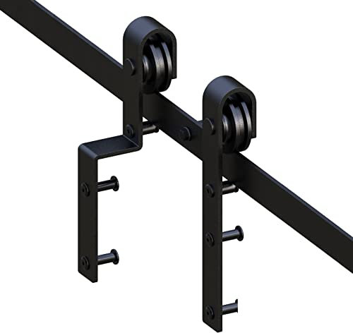 Kit de herrajes para puerta corrediza doble de granero (riel único), color negro, 386 cm, sistema de puerta corredera interior con rodillos en forma de J