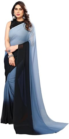 SAREE for WOMEN ETHNICMODE Indian Georgette Light Weight Party Wear Grey Sari With Unstitched Blue Blouse Piece-1119
