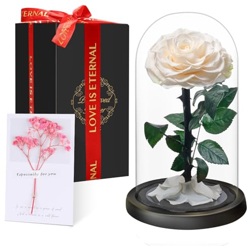 Eternal Forever Rose in Glass Dome | Fresh Rose Gift | Flower Preserved for 5 Years | Handcrafted | Beauty and the Beast Romantic Gifts for Women | Anniversary, Christmas valentine’s day, White