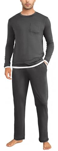 Litherday Pijamas Hombre Invierno de Manga Larga de Algodón Cuello Redondo Conjunto de Pijama de Hombre Camiseta con Bolsillos Ropa de Dormir de Dos Piezas