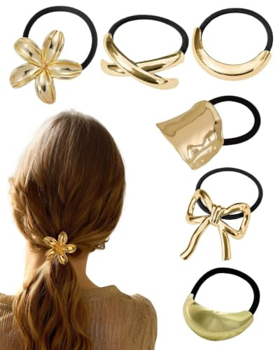 RAVNIX Lot de 6 Bijoux de Cheveux en Métal Doré, Élastiques pour Cheveux avec Bijoux, Accessoires Antidérapants Queue de Cheval, Élégants et Polyvalents Tous Types, Maintien Sécurisé Sans Casse