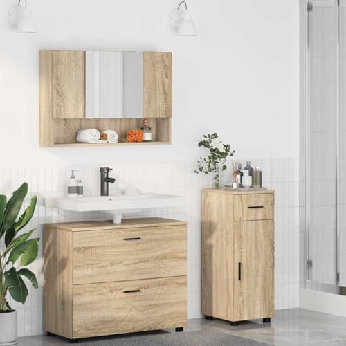 LoogCape badrumsmöbler set 3 delar Sonoma-ek plywood metall modern design förvaringsutrymme badrumsskåp spegel underskåp för tvättställ och toalett