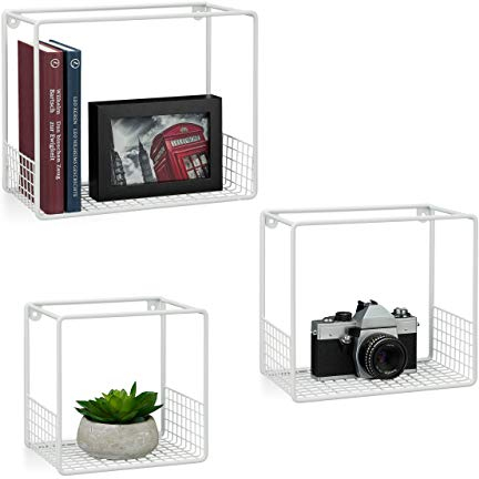 Relaxdays Wandregal im 3er Set, für Wohnzimmer, modernes Gitter-Design, Cube, eckiges Wandboard, Metall, 15cm tief, weiß