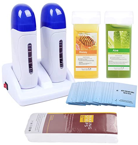 Double Depilatory Roll on Wax Heater Roller Warmer Cartridge Strips Hair Removal Kit with ON/OFF Switch (Aloe & Honey Wax Refill)