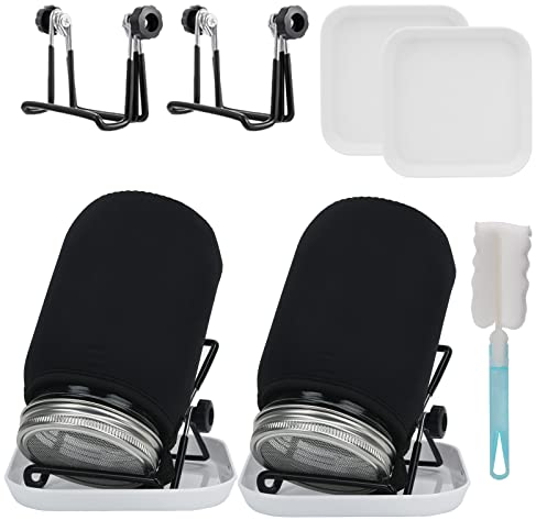 Deefongo Seed Sprouting Jar Kit 2 pcs, 1000ml Wide Mouth Quart Jars Sprouts Growing Kit with Screened Sprouting Lids, Holder and Canning Brush for Growing Broccoli, Alfalfa, Mung Beans