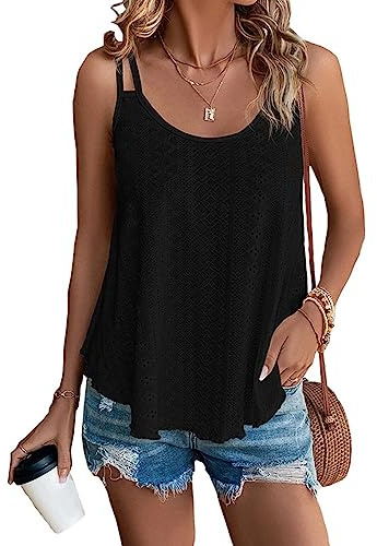 Dam ärmlös tröja topp rund hals camisole topp chic tank top casual blus ihålig gröda toppar sommarblus, Svart XL, Taille unique-XL
