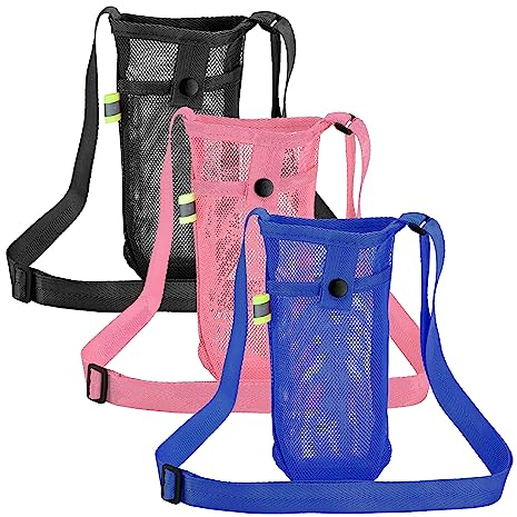 TSHAOUN 3 Pièces Sac de Bouteille D'eau en Filet, Couvercle Avec Bandoulière Réglable, Portable pour Sport, Randonnée, Cyclisme, Voyages (Noir, Rose, Bleu)