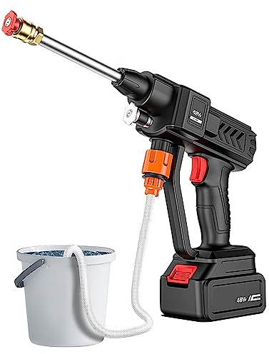 Lifellery Hochdruckreiniger mit Akku, Hochdruckreiniger, kabellos, tragbar, Durchfluss 10 l/min, für Autos, Reinigung, Haus, Garten, Bewässerung, 2 Düsen, Akku 24 V, 5 m, schwarzer Schlauch