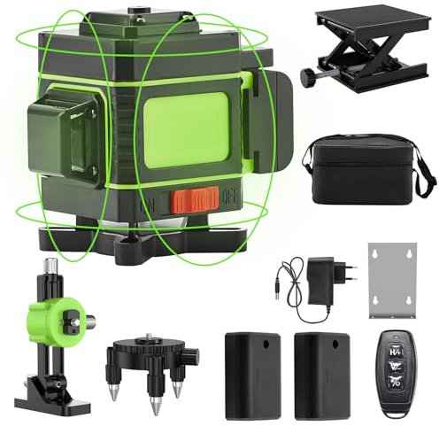 Cross line Niveau Laser, Laser Chantier 16 Lignes Autonivelant de Niveaux, Croix Vert Niveau Laser 360 Autonivelant avec Sac de Protection et Télécommande Intégrée Batterie Rechargeable 2 * 2400 mAh