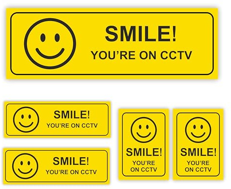 5-PACK Smile You're On CCTV Stickers for Home or Commercial/Security Signs for Walls, Window, Doors/CCTV in Operation Sticker in Various Shapes and Sizes To Use for Friendlier Security Deterrence