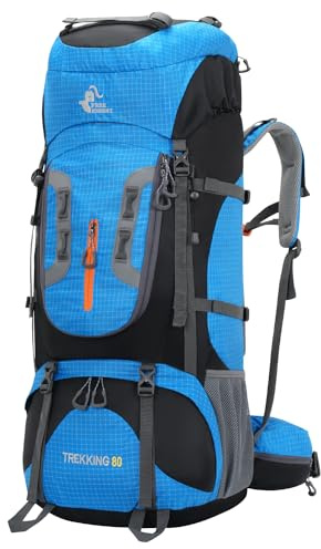 Bseash 80L Waterproof Hiking Camping Backpack with Rain Cover, Large Capacity Outdoor Sport Travel Daypack Rucksack for Climbing Skiing (Blue)