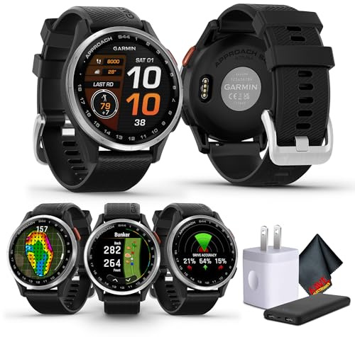 Garmin Approach S44 Essential - Reloj de golf con GPS, pantalla AMOLED, características en el campo, reloj inteligente deportivo y fitness, bisel de aluminio plateado con correa de silicona negra