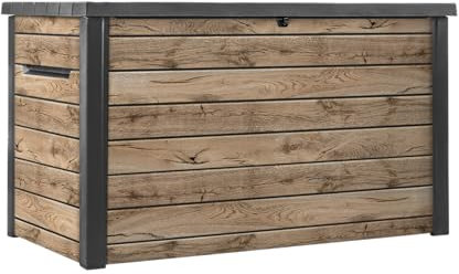 Keter Ontario Auflagenbox/Kissenbox 870 Liter | 100% Wasserdicht mit Belüftung dadurch kein übler Geruch/Schimmel Moderne Holzoptik | Deckel mit Gasdruckfedern