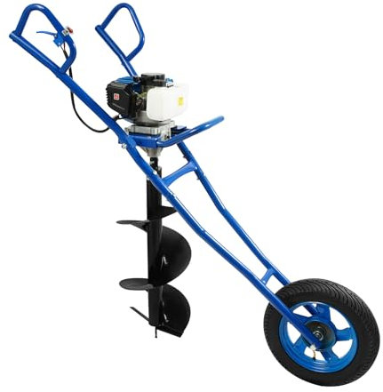 Brride Erdbohrer Benzin, Schubkarren Erdbohrgerät Pfahlbohrer, 63CC 2-Takt Erdlochbohrer Bodenbohrer mit Handwagen & Ø 300mm für Grubengräber Landwirtschaft Forstwirtschaft (Blau)