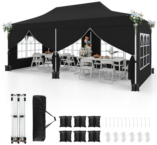COSTWAY Paviljong 3 x 6 m, vikbar paviljong med 6 sidoväggar och 6 sandsäckar, trädgårdspaviljong, vattentät stabil vintersäker, UV-skydd 50+, festtält med bärväska för trädgård, fest, bröllop (svart)