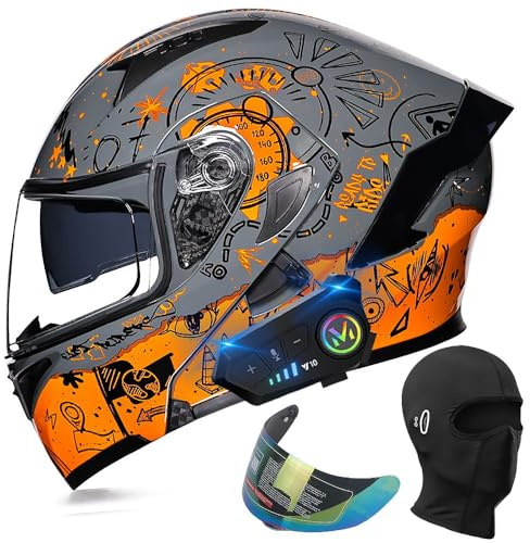 Bluetooth Modular Motorcycle Helmet, DOT Approved Flip Up Full Face Motorcycle Helmets, Dual Visor Helmet with Dual Speakers and Microphone, for Adults Men Women