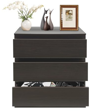 KAPIPALA Mesita de noche con 3 cajones, pequeño armario de madera sintética en aspecto de nogal negro – Mesilla de noche para dormitorio, salón y oficina, 60 x 41 x 69 cm